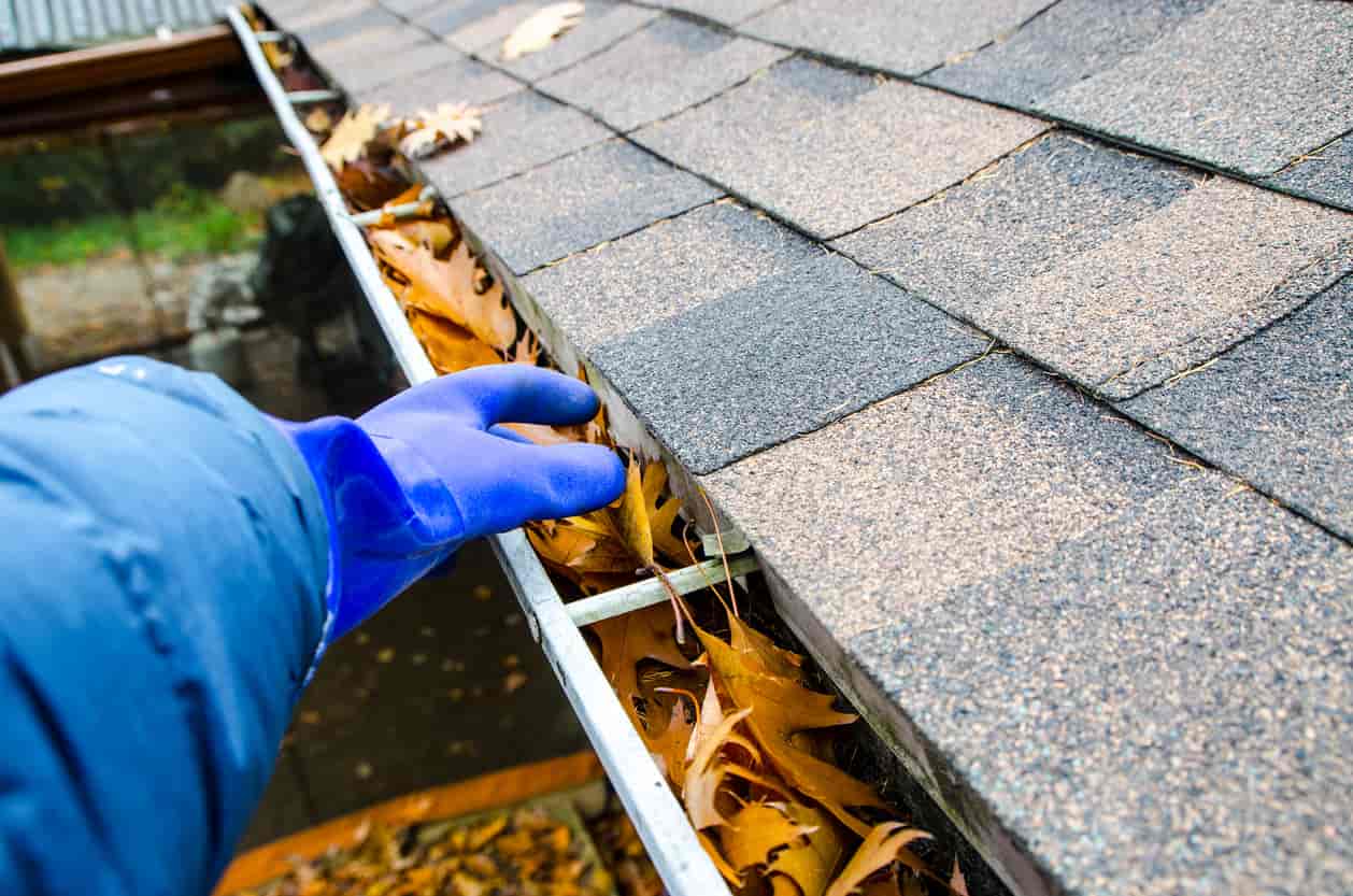 hand with glove removing autumn leaves from gutter